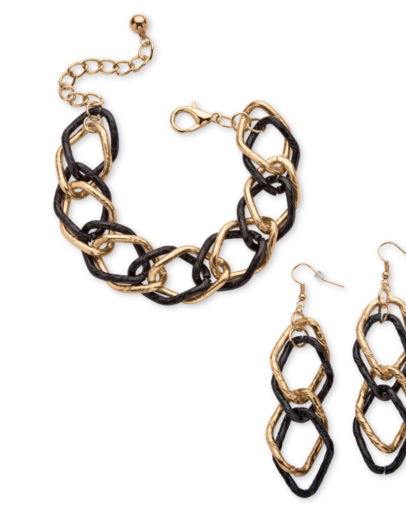Front of a size 8 in Double Curb-Link Bracelet and Drop Earrings Set in Goldtone and Black Ruthenium in Black by PalmBeach Jewelry. | dia_product_style_image_id:332994